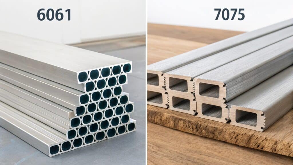 A comparative graphic showing two identical bars, one labeled 6061 and the other 7075, both subjected to the same bending force and showing the same degree of elastic bend, with text emphasizing their equal modulus of elasticity.